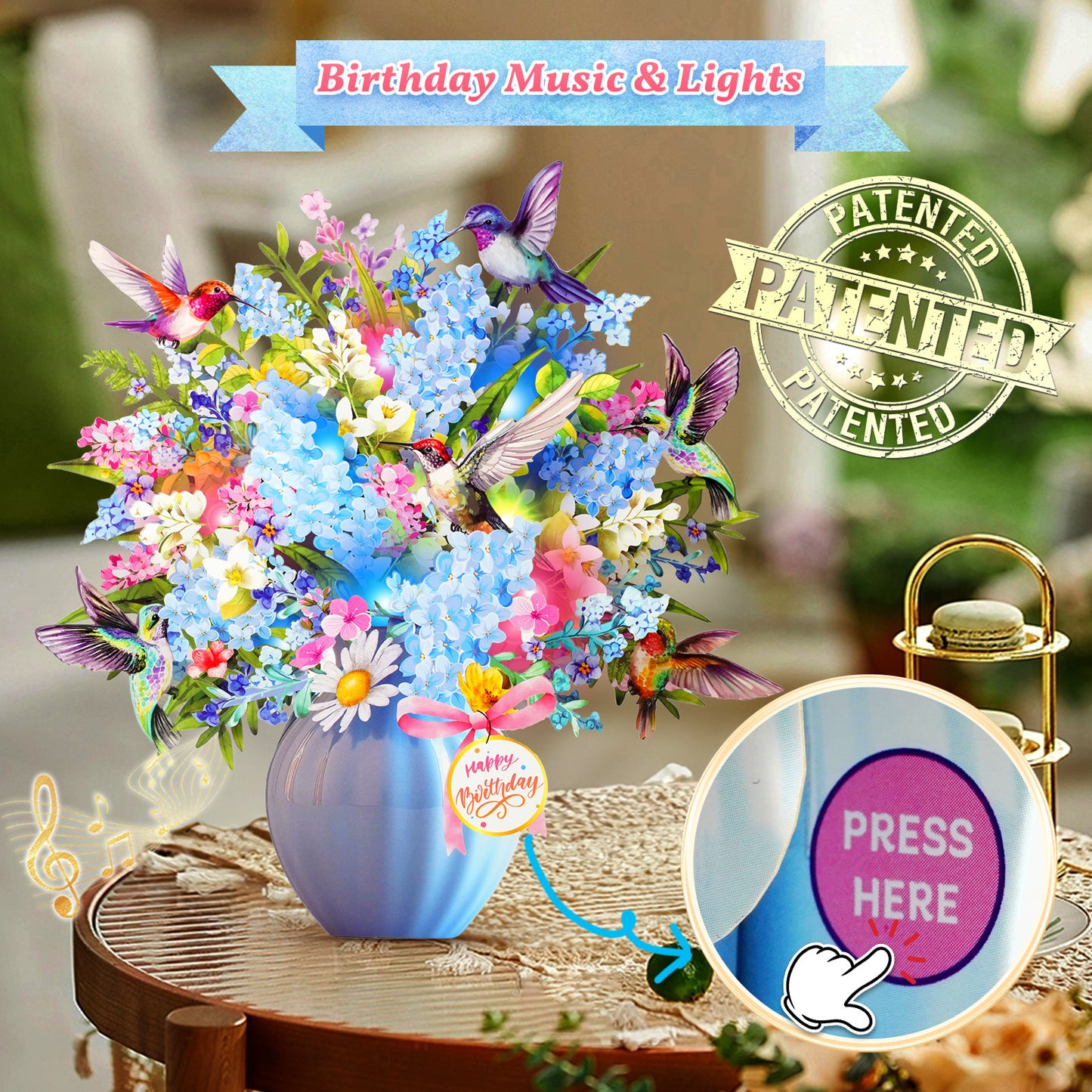 APOTODITO Birthday Card, Hummingbird Birthday Card with Music and Lights, Flower Bouquet Card for Women Mom Wife