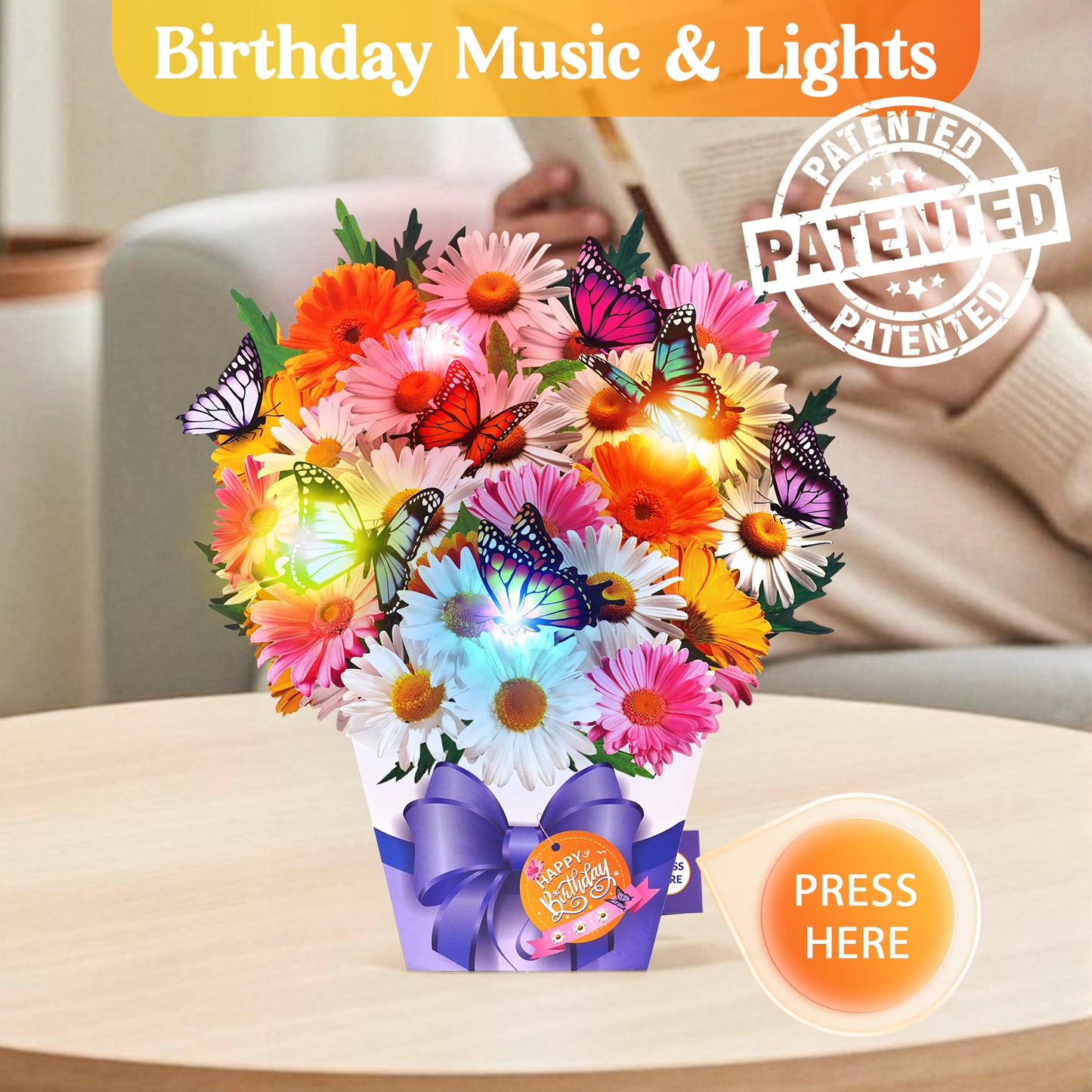 APOTODITO Birthday Cards, Butterfly & Daisy Birthday Card with Music and Light, Flower Bouquet 3D Card for Women Mom Wife