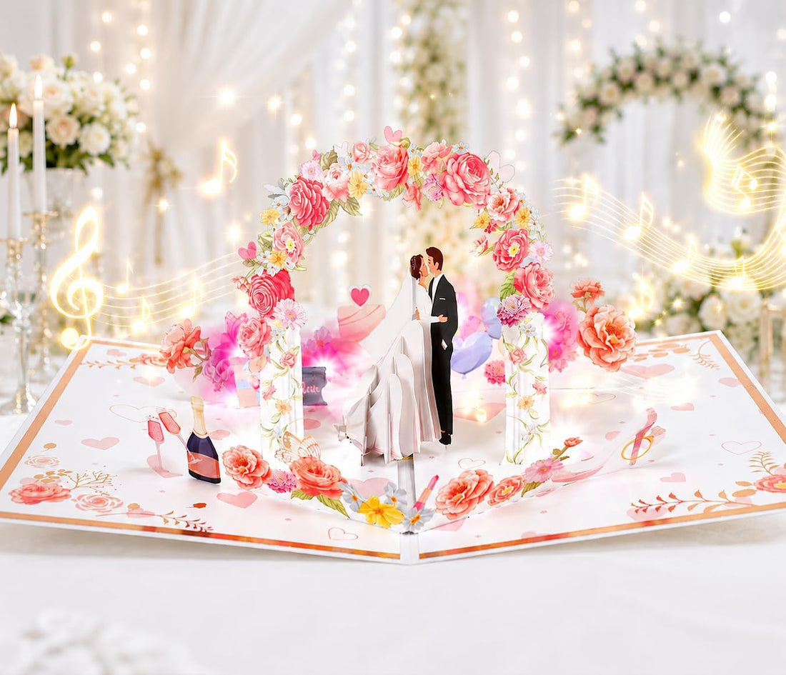 3D pop-up wedding card with music and lights for the bride and groom