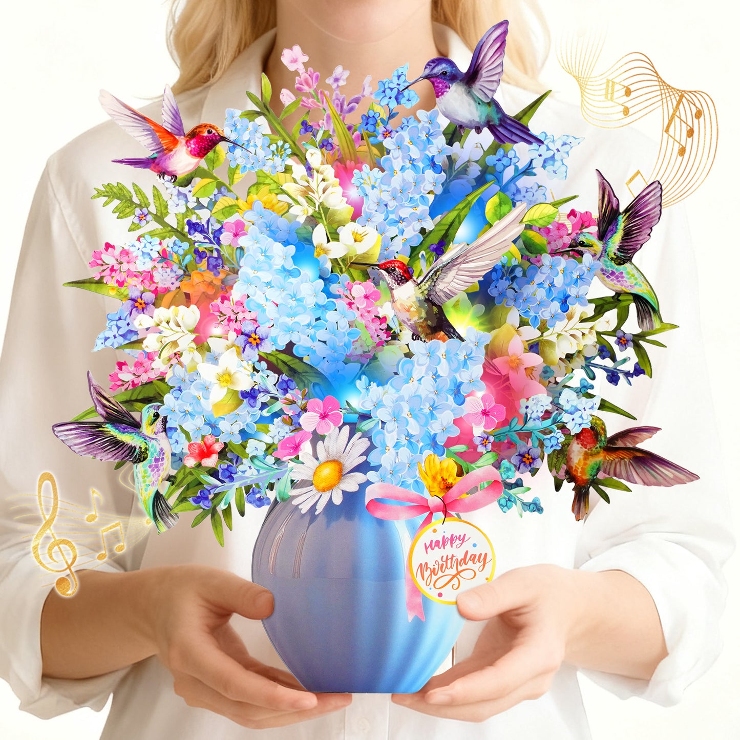APOTODITO Birthday Card, Hummingbird Birthday Card with Music and Lights, Flower Bouquet Card for Women Mom Wife