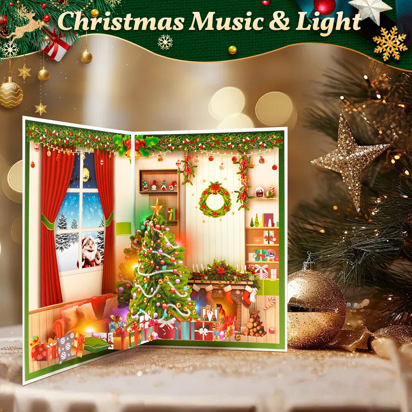 APOTODITO 3d Musical Christmas Cards, Pop Up Card with Music and Light, Merry Christmas Pop up Greeting Card for Family Friends Children in Holiday New Year