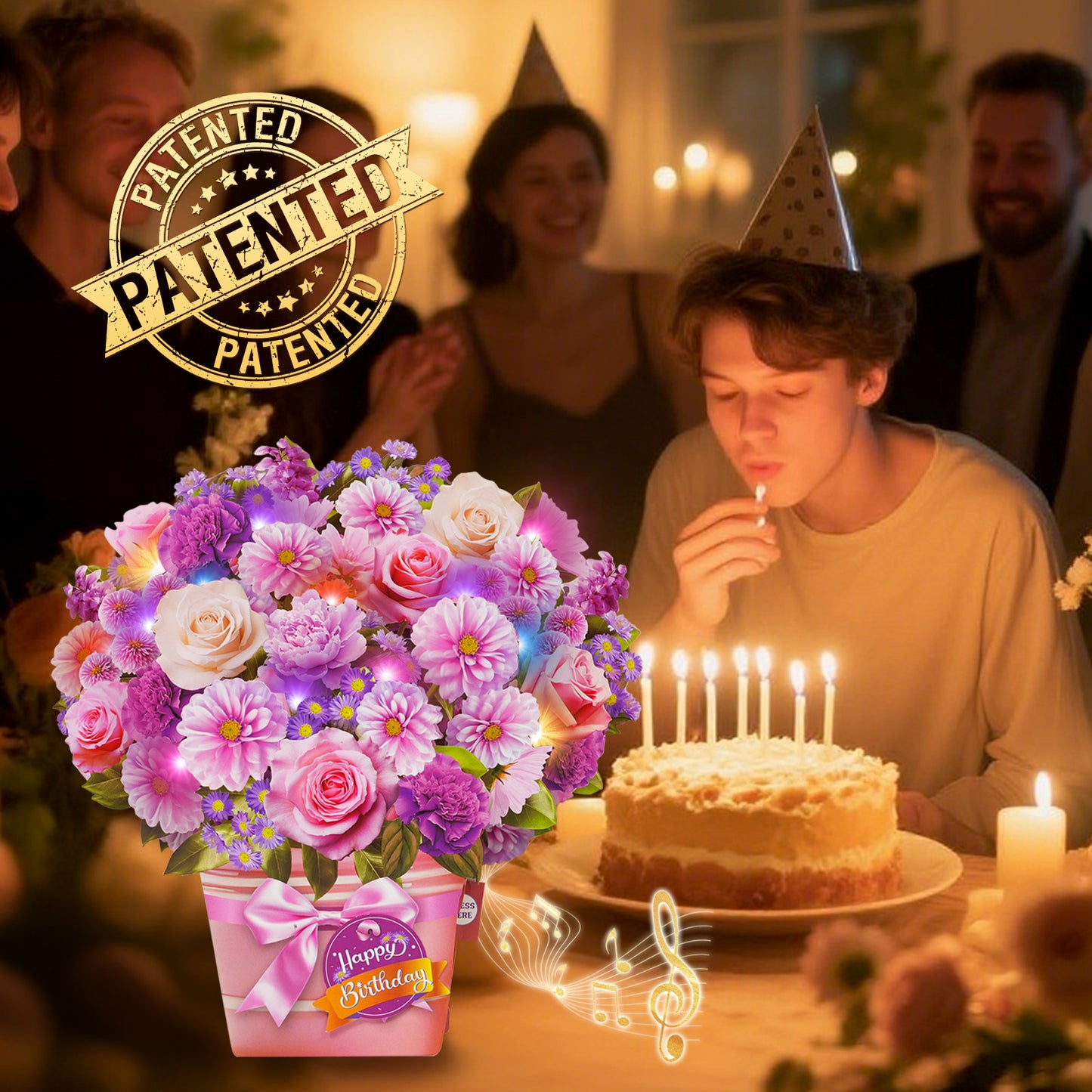 APOTODITO Birthday Cards, Birthday Card with Music and Light, Flower Bouquet 3D Card for Mom, Women, Wife (Birthday Purple Flower)
