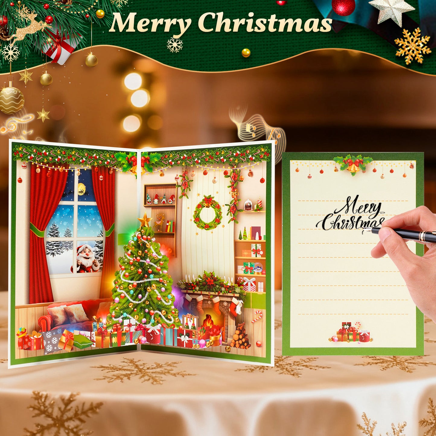 APOTODITO 3d Musical Christmas Cards, Pop Up Card with Music and Light, Merry Christmas Pop up Greeting Card for Family Friends Children in Holiday New Year