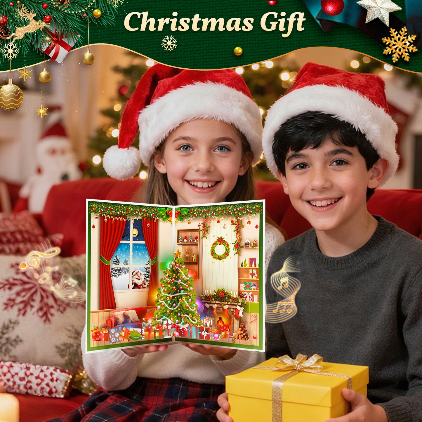 APOTODITO 3d Musical Christmas Cards, Pop Up Card with Music and Light, Merry Christmas Pop up Greeting Card for Family Friends Children in Holiday New Year