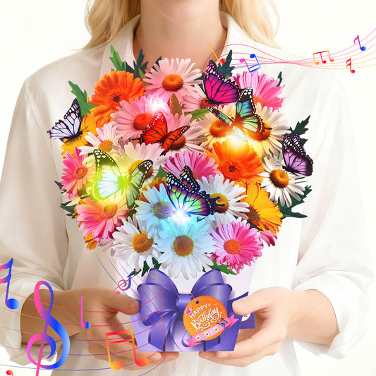 APOTODITO Birthday Cards, Butterfly & Daisy Birthday Card with Music and Light, Flower Bouquet 3D Card for Women Mom Wife