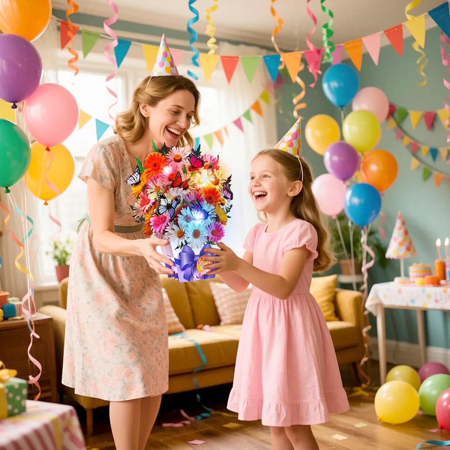 APOTODITO Birthday Cards, Butterfly & Daisy Birthday Card with Music and Light, Flower Bouquet 3D Card for Women Mom Wife