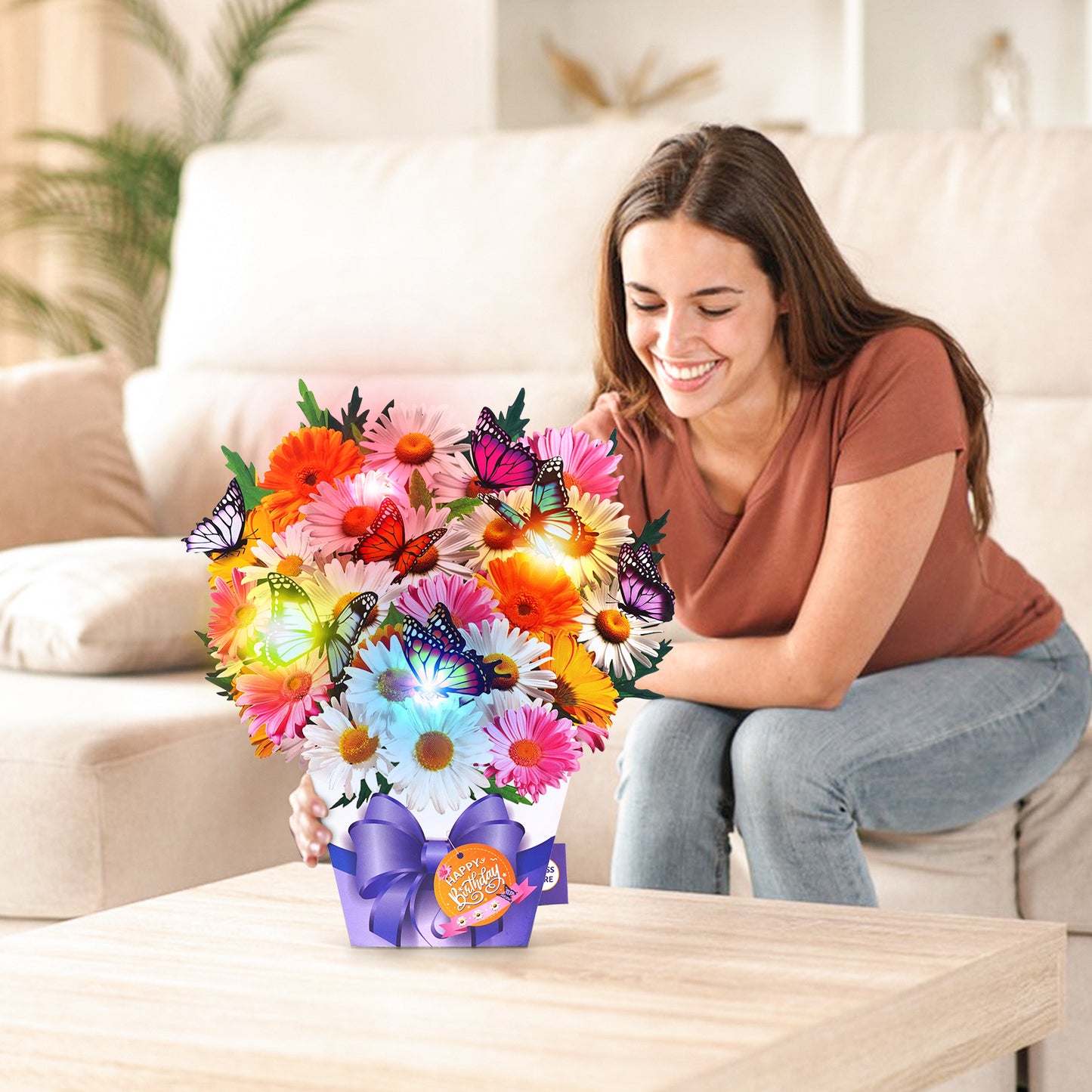 APOTODITO Birthday Cards, Butterfly & Daisy Birthday Card with Music and Light, Flower Bouquet 3D Card for Women Mom Wife
