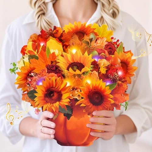 Thanksgiving 3D fall sunflower bouquet pop-up card with music and lights