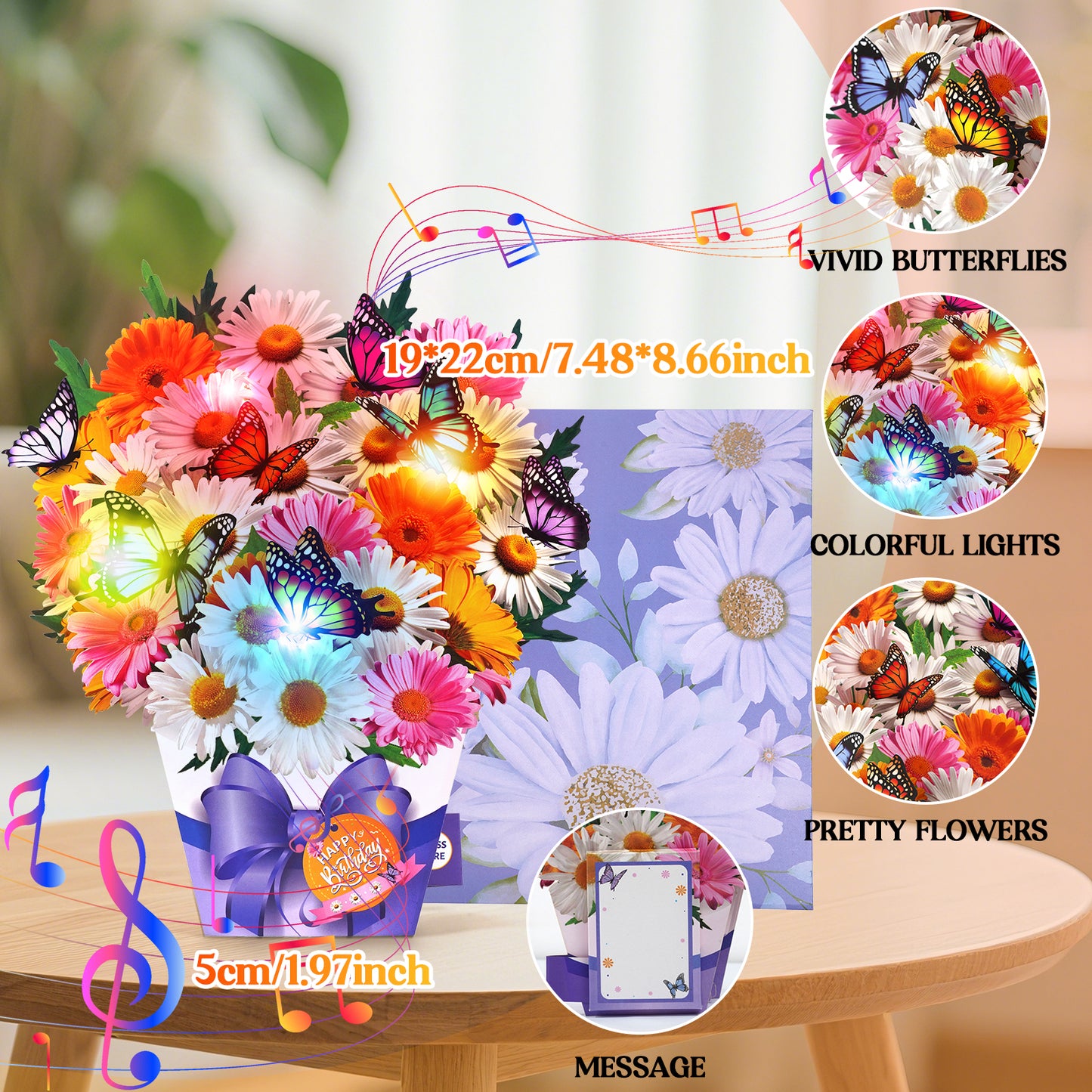 APOTODITO Birthday Cards, Butterfly & Daisy Birthday Card with Music and Light, Flower Bouquet 3D Card for Women Mom Wife