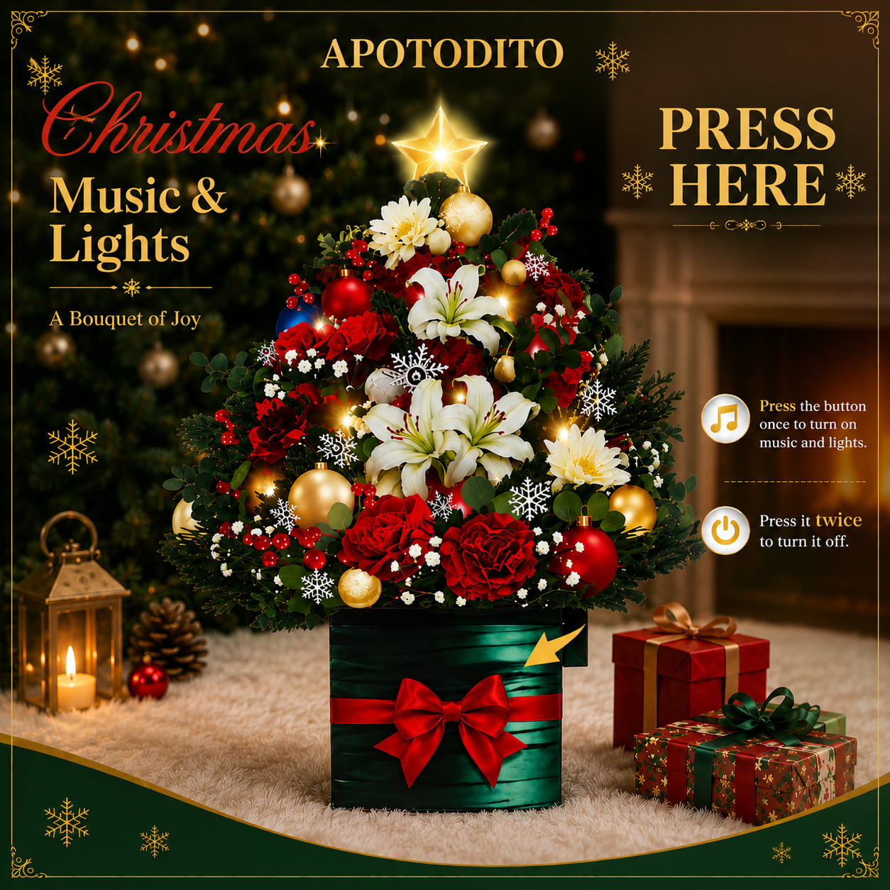 APOTODITO Christmas Tree Pop Up Christmas Cards with Lights and Music, Christmas Tree Bouquet, Popup Musical Greeting Card for Christmas Holiday New Year