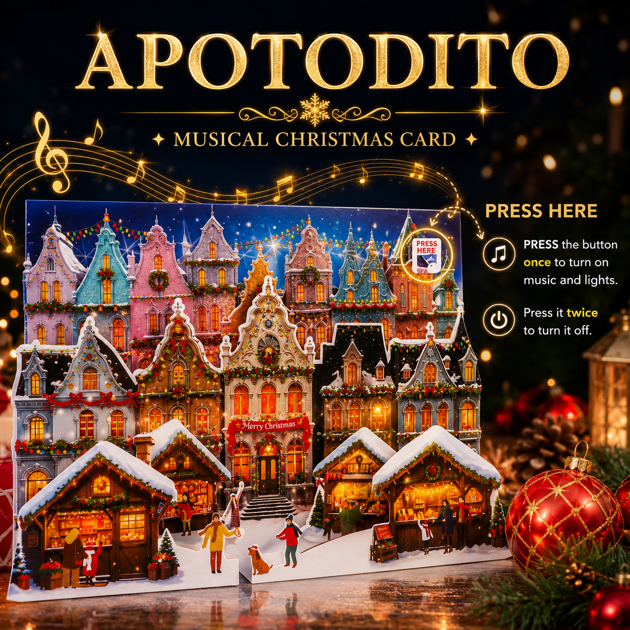 Musical Pop Up Christmas Market Cards with Light
