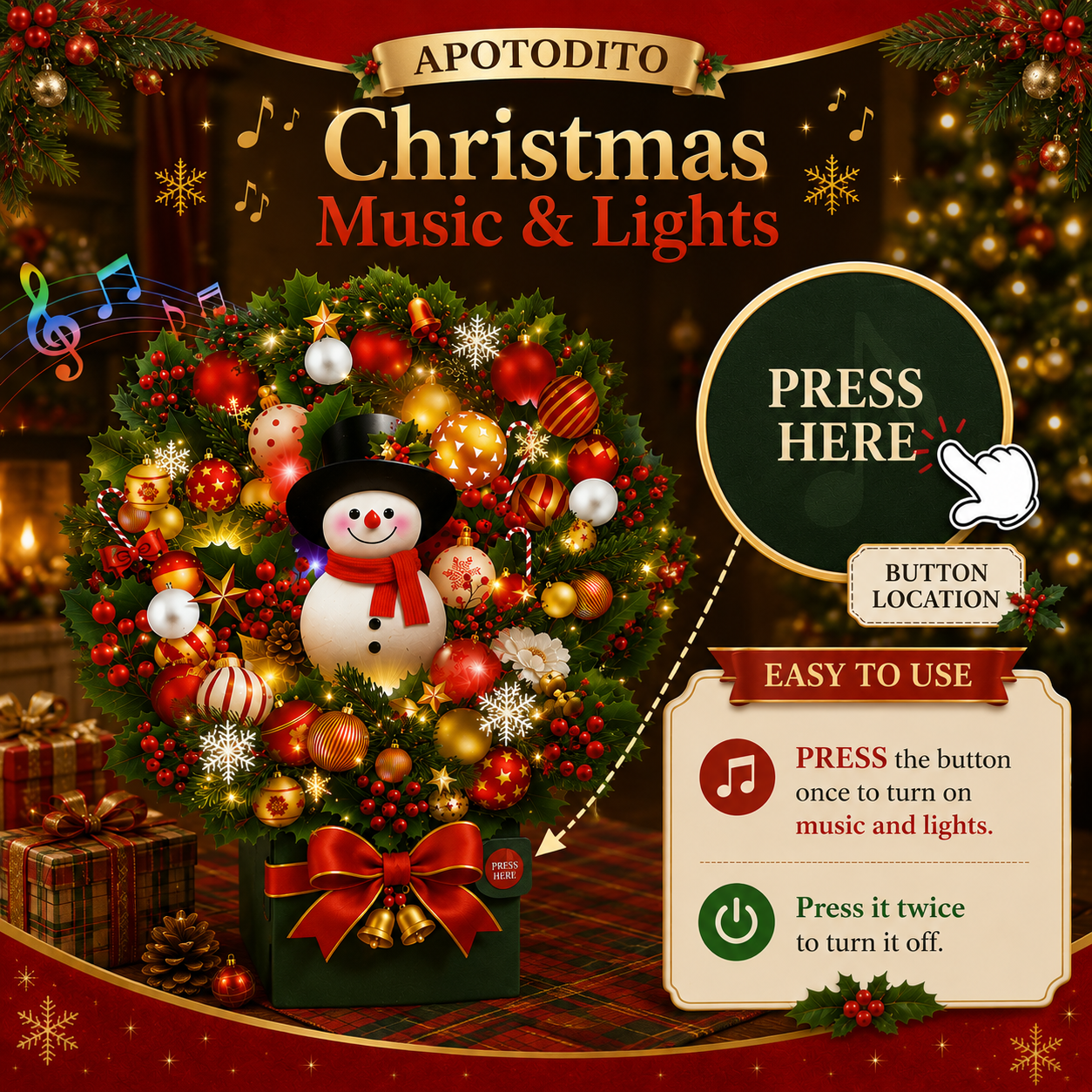 APOTODITO Christmas Cards with Lights and Music, Christmas Bouquet with Snowman, Popup Musical Greeting Card for Holiday New Year