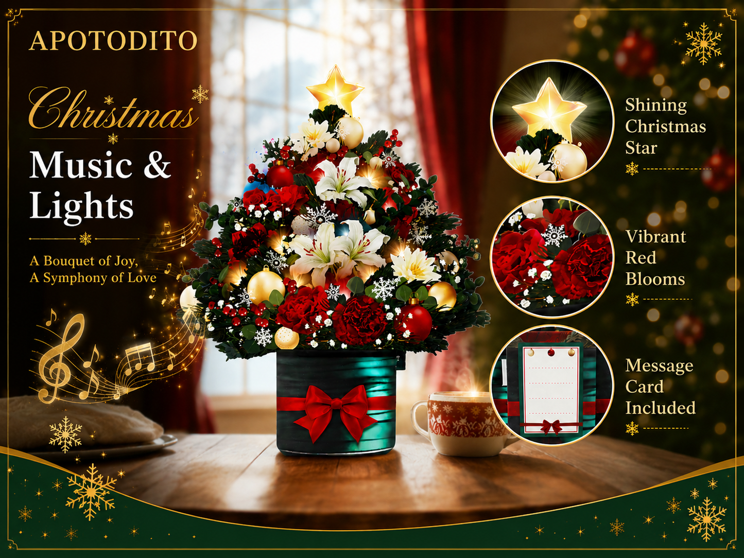 APOTODITO Christmas Tree Pop Up Christmas Cards with Lights and Music, Christmas Tree Bouquet, Popup Musical Greeting Card for Christmas Holiday New Year