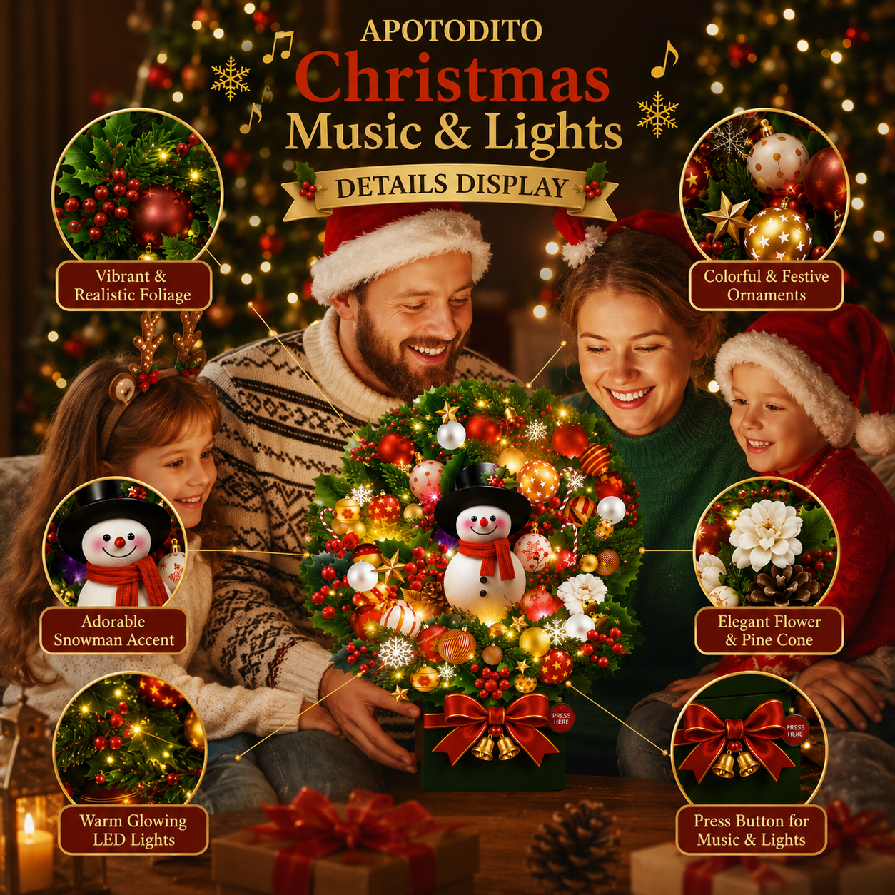 APOTODITO Christmas Cards with Lights and Music, Christmas Bouquet with Snowman, Popup Musical Greeting Card for Holiday New Year