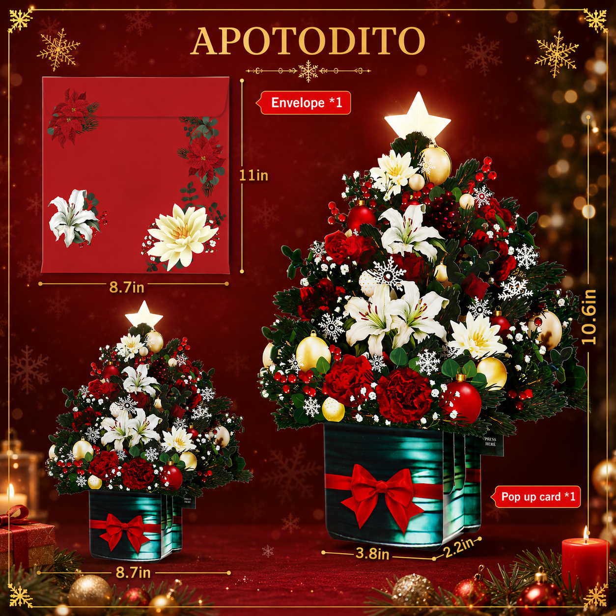 APOTODITO Christmas Tree Pop Up Christmas Cards with Lights and Music, Christmas Tree Bouquet, Popup Musical Greeting Card for Christmas Holiday New Year