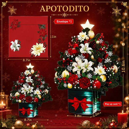 APOTODITO Christmas Tree Pop Up Christmas Cards with Lights and Music, Christmas Tree Bouquet, Popup Musical Greeting Card for Christmas Holiday New Year