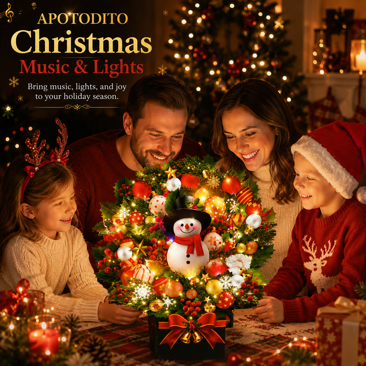 APOTODITO Christmas Cards with Lights and Music, Christmas Bouquet with Snowman, Popup Musical Greeting Card for Holiday New Year