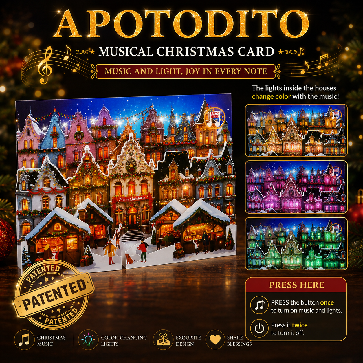 Musical Pop Up Christmas Market Cards with Light