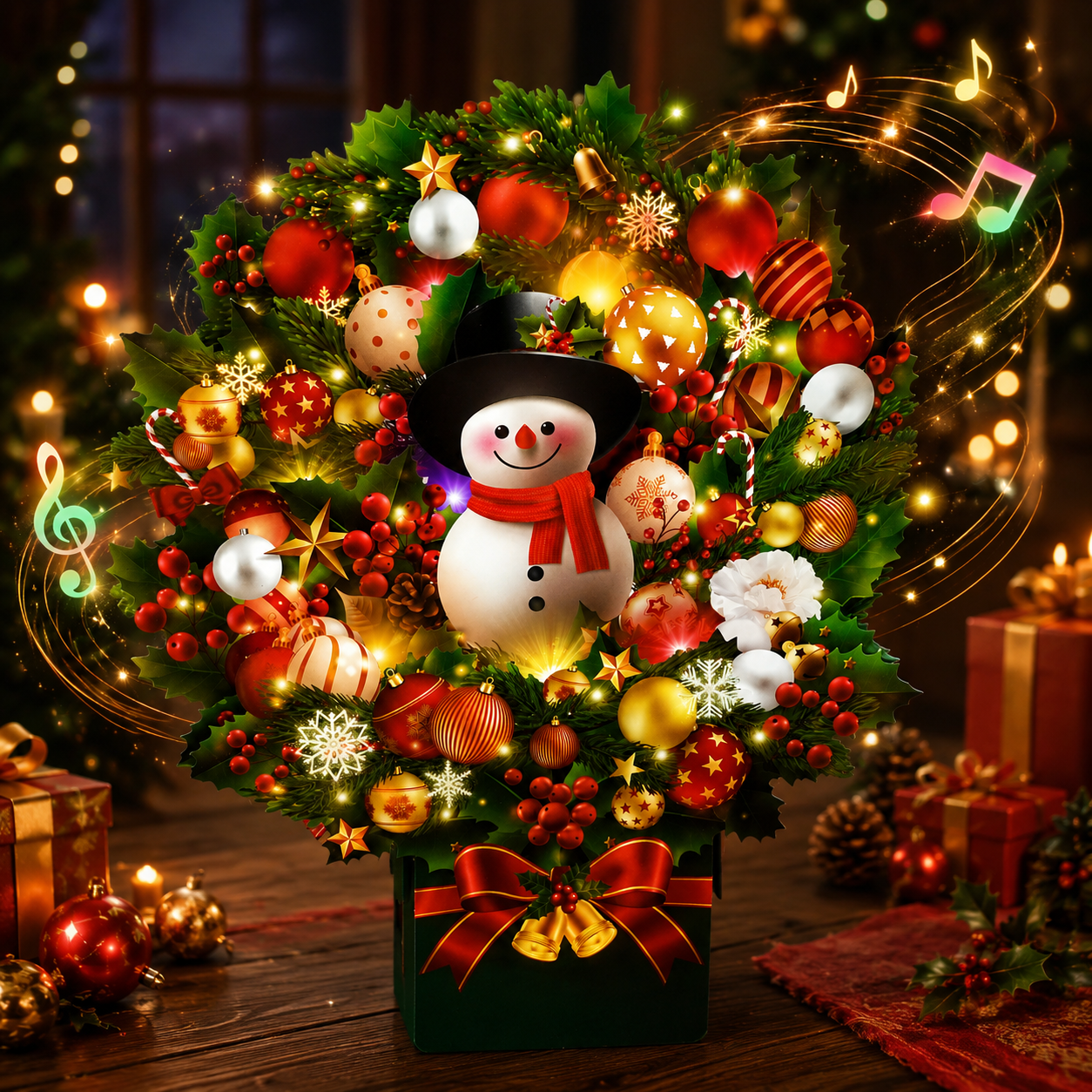 APOTODITO Christmas Cards with Lights and Music, Christmas Bouquet with Snowman, Popup Musical Greeting Card for Holiday New Year