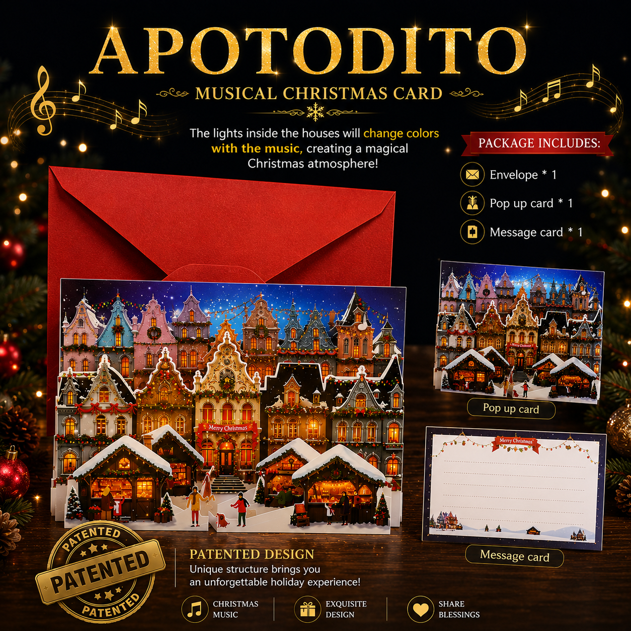 Musical Pop Up Christmas Market Cards with Light